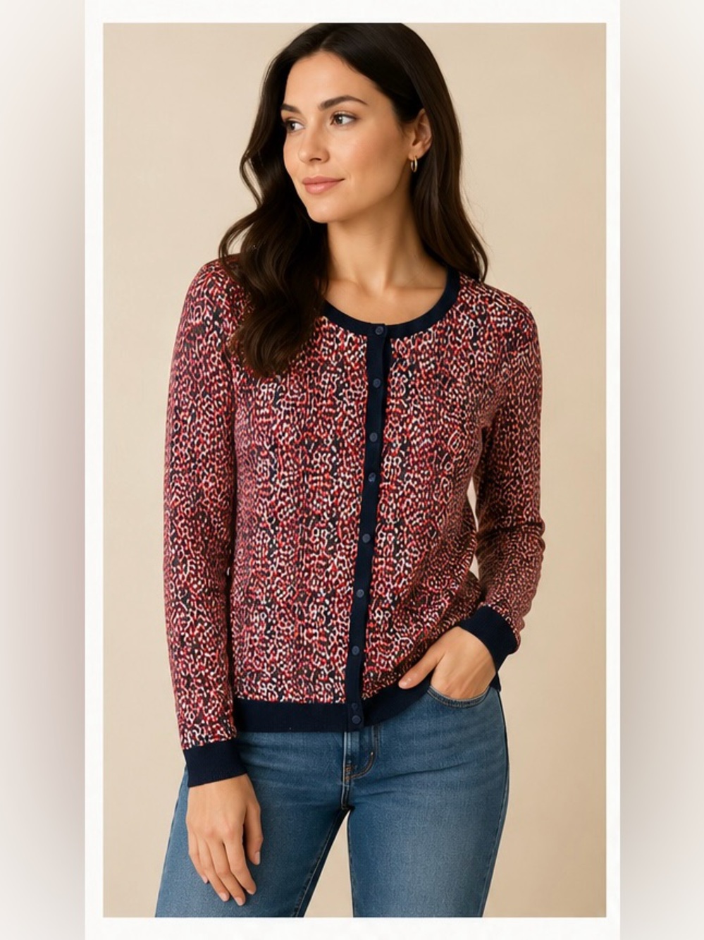 Tommy Hilfiger Women’s Leopard Print Cardigan Sweater Navy Red Large